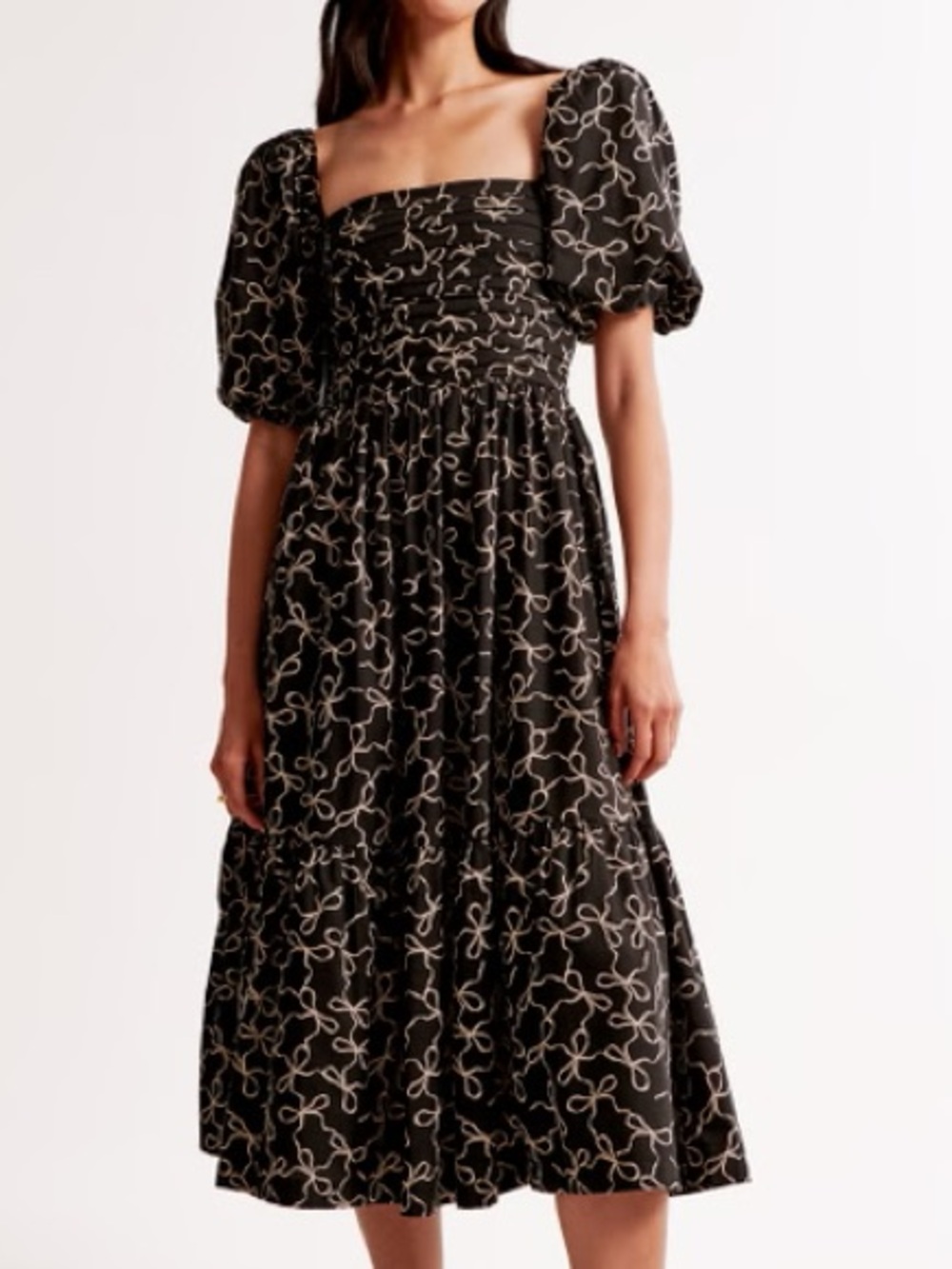 Abercrombie Emerson Poplin Puff Sleeve Midi Dress Bow Pattern Black XL TALL